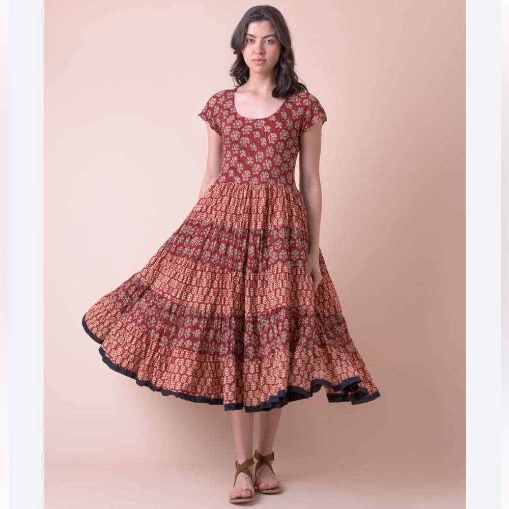 NWT Handprint Dream Apparel Boho Indie Short Sleeve Pranella Midi Dress Sz S